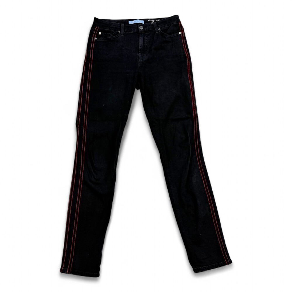 7 For All Mankind High Waist Skinny Jeans Black with Red Stripe 27